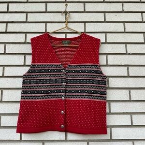 Vintage Eddie Bauer Women's Nordic Fair Isle Sweater Vest Lambswool Red Gray